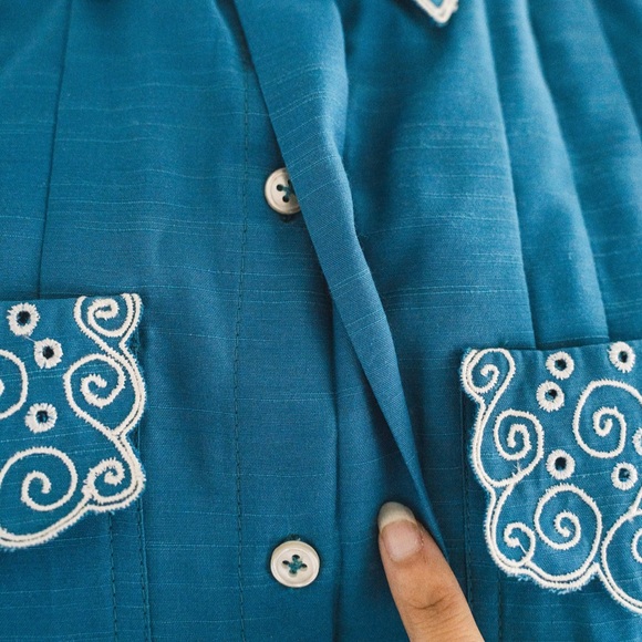 80s does 40s Western Teal Blue Blouse and Pleated Midi Skirt Vintage 2 Piece Set - Picture 4 of 7